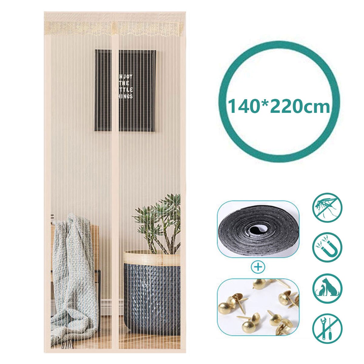 Pantalla magnética para puerta, antimosquitos, mosquitos, balcón de la cortina, corredera, sala de estar, Beige: Beige 140-220cm