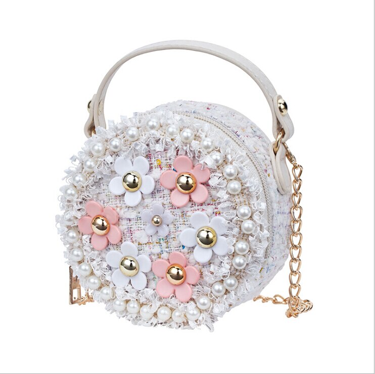 Flower Pearl Cute Shoulder Bags Children PU Leather Messenger Bag Girls Crossbody Bag Kids Small Round Satchel Handbags: white