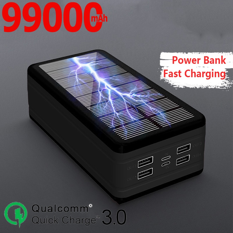 99000mAh Solar Power Bank Portable Charger Large Capacity Outdoor Waterproof 4USB Port Power Bank for Iphone Xiaomi Samsung