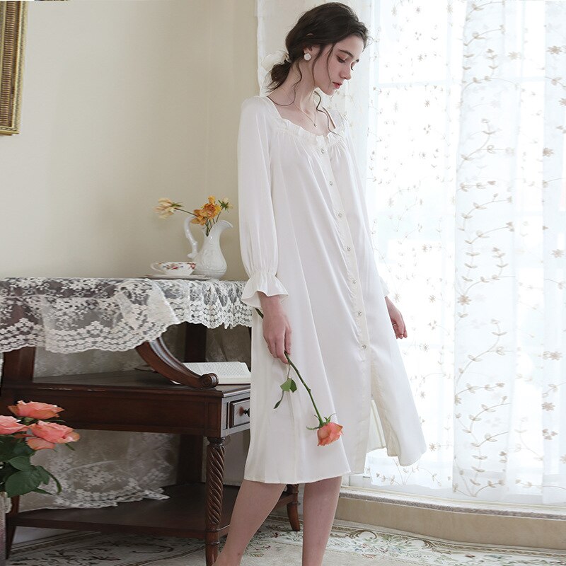 Women Satin Nightwear Autumn Ice Silk Romantic Nightgown Long Sleepshirts Comfy Sleepwear Peignoir Vintage Victorian Night Dress
