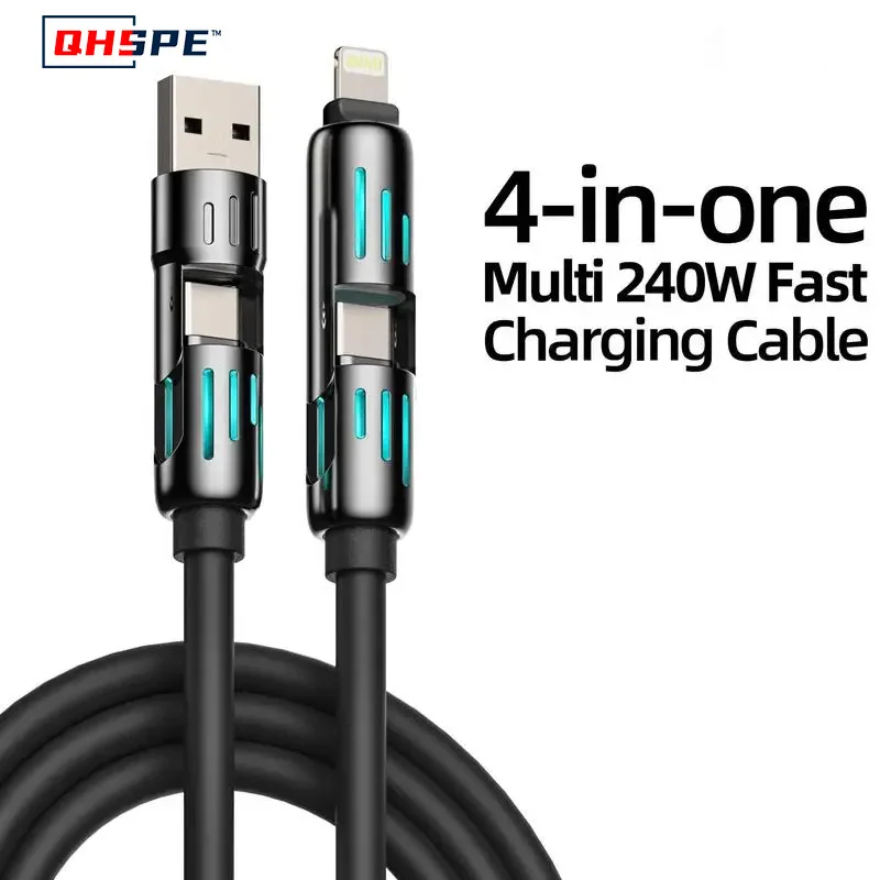 USB, Type C, Lightning-Max 240W snellaad- en datasynchronisatie MFISH 4-in-1 multifunctionele USB-oplaadkabel voor iPhone 16/15, iPad: Black