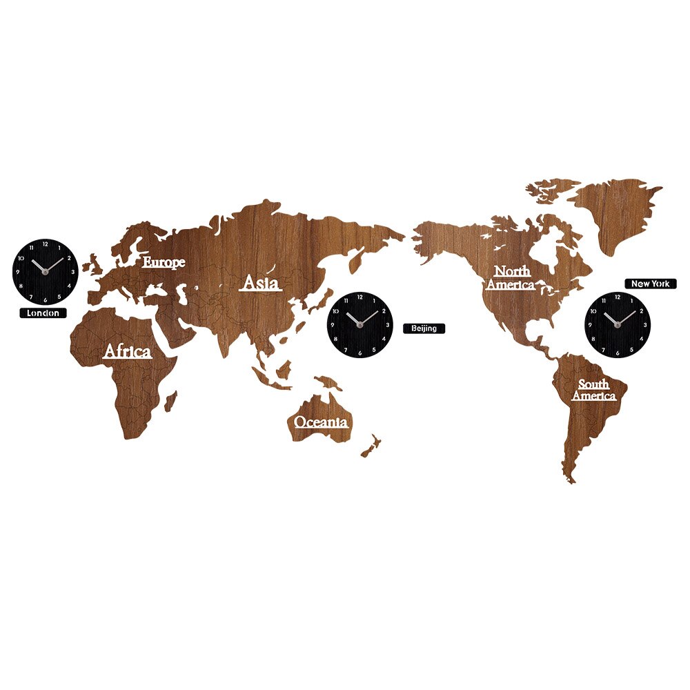 Wall Clock World Map Modern DIY 3D Wooden World Map Wall Clocks Large Wooden MDF Wood Watch Mute Relogio De Parede Clocks: Brown With Black