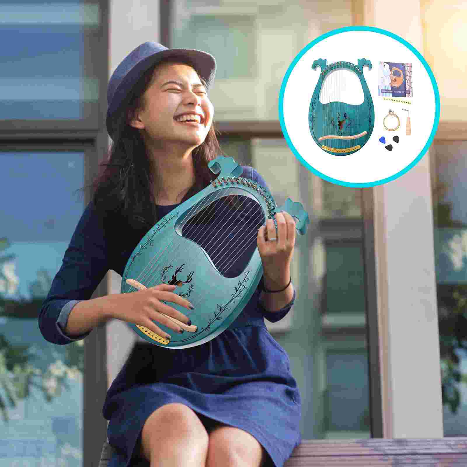 1 Set of Wooden 16-string Lyre Harp Portable Harp String Musical Instrument (Blue)