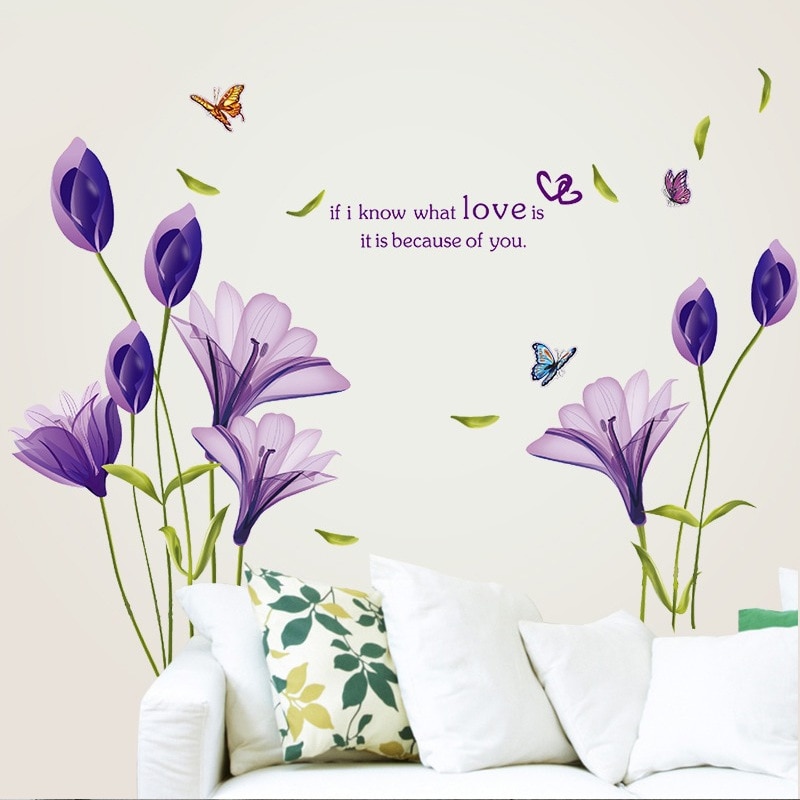 Älskar lila lilja blomma avtagbar vinyldekal väggdekal väggmålning diy konst vardagsrum dekorativ heminredning tapet 60*90cm