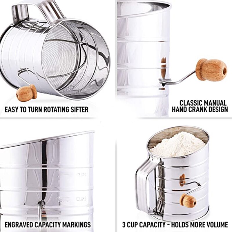 3 Cup Stainless Steel Flour Sifter Fine Mesh Rotary Hand Crank Flour