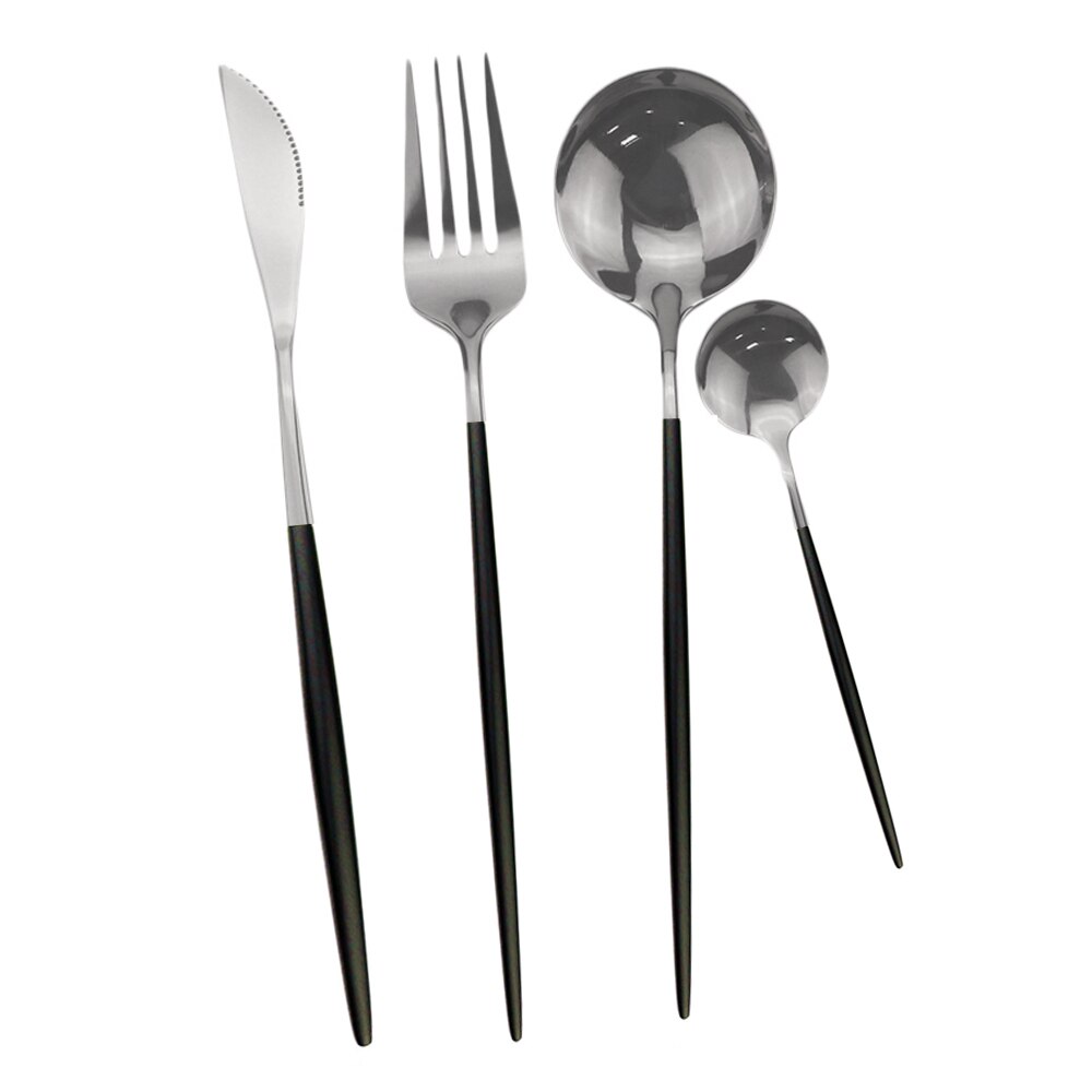 Couverts en or blanc miroir de cuisine | Ensemble de vaisselle 304 service de vaisselle en acier inoxydable, couteau fourchette cuillère service de table 32 pièces/8: Black Silver