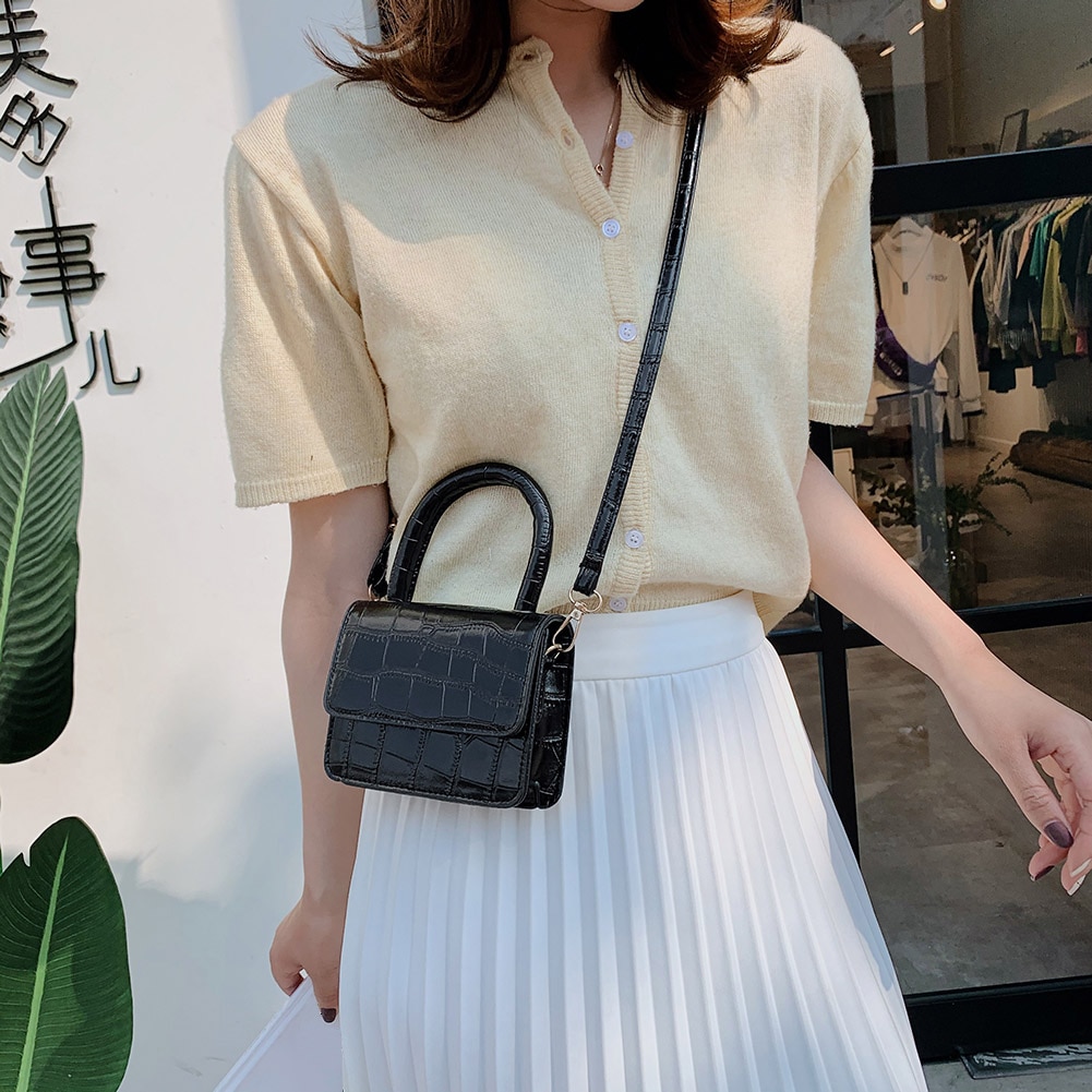 PU Leather Mini Shoulder Handbags Lady Stone Pattern Casual Pure Color Flap Tote Messenger Bags Women Pure Color Flap