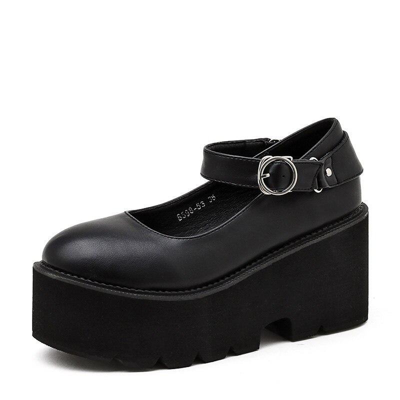 Gdgydh japońskie słodkie buty Lolita damskie buty na obcasie buty na koturnach dla studentów okrągła głowa czarna wodoodporna ozdoby metalowe: 8.5