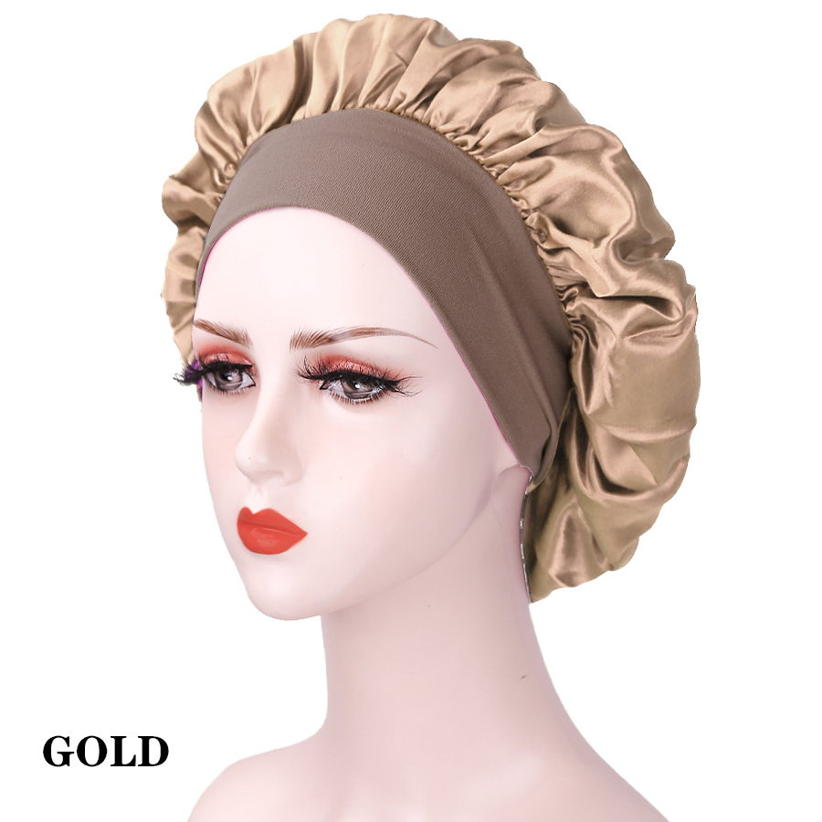 Wide Elastic Band Women Satin Night Sleep Cap Hair Bonnet Hat Silk Head Cover Women&#39;s Satin Solid Sleeping Hat Night Sleep Cap: GOLD