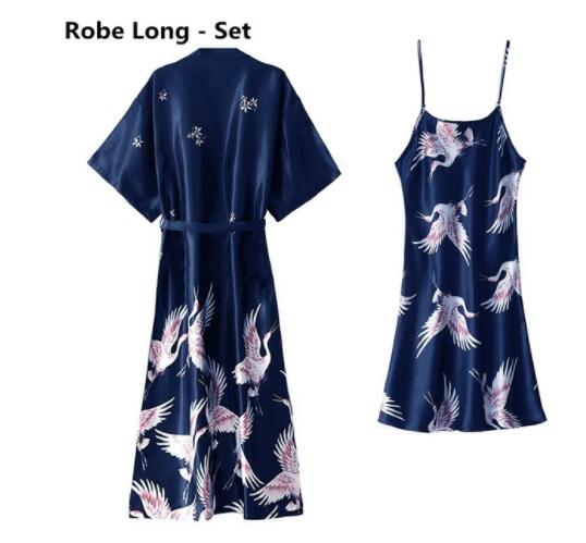 Vrouwen Nachtjapon Ijs Zijde Chinese Stijl Kraan Print Half Mouw Kimono Badjas Bruid Bruidsmeisje Bruiloft Lange Gewaad Niet-pak: XXL / Sky Blue