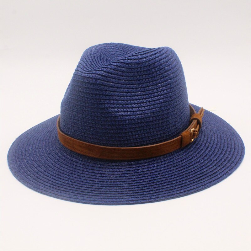 Sommer sol hat til kvinder halm sol hatte bred skygge solskærm kasket solid halm jazz hat strand cap sombrero panama gorras: Flåde