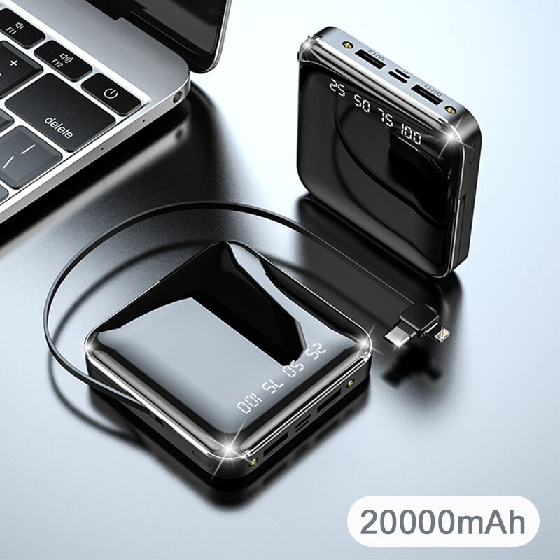 CASEIER Mini 20000mAh Power bank 10000mAh Powerbank For iPhone 11 X XR Xiaomi Mi9 Huawei P30 Mirror Screen With Cables Poverbank: 20000mAh Black