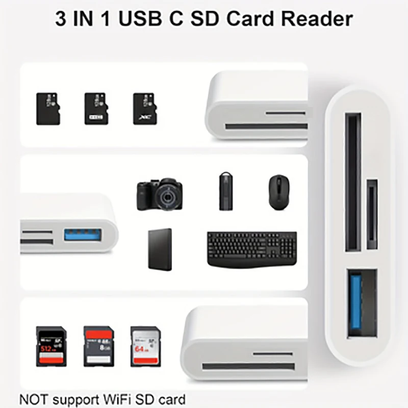 Adapter 3 w 1 typu C, Tf, Cf, Sd, czytnik kart pamięci kompatybilny z iPhone iPad Mac MacBook Laptop Android, PC i Acc