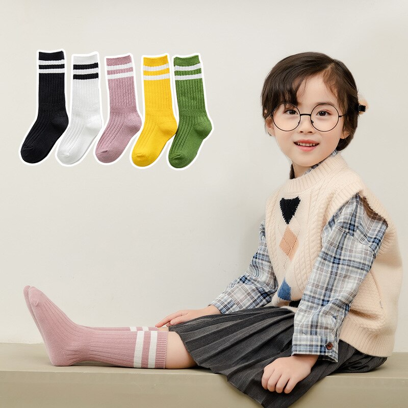 Lente En Herfst Kinderen Sokken College Stijl Twee-Bar Jongens En Meisjes Baby Groen Roze Geel sport Sokken 1-9T