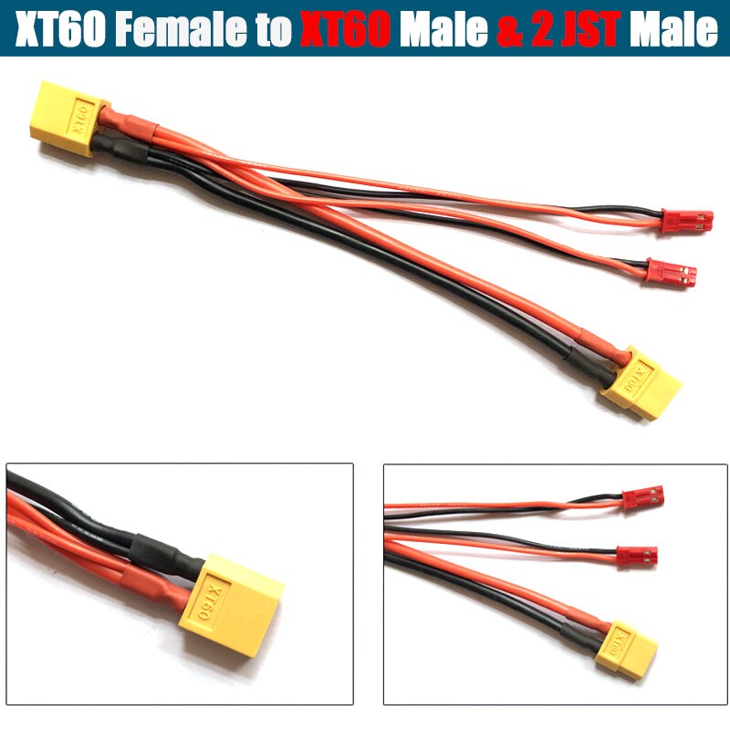 1PCS XT60 Parallel Battery Connector Cable Dual Extension Y Splitter Silicone Wire: XT60 M to XT60 2JST