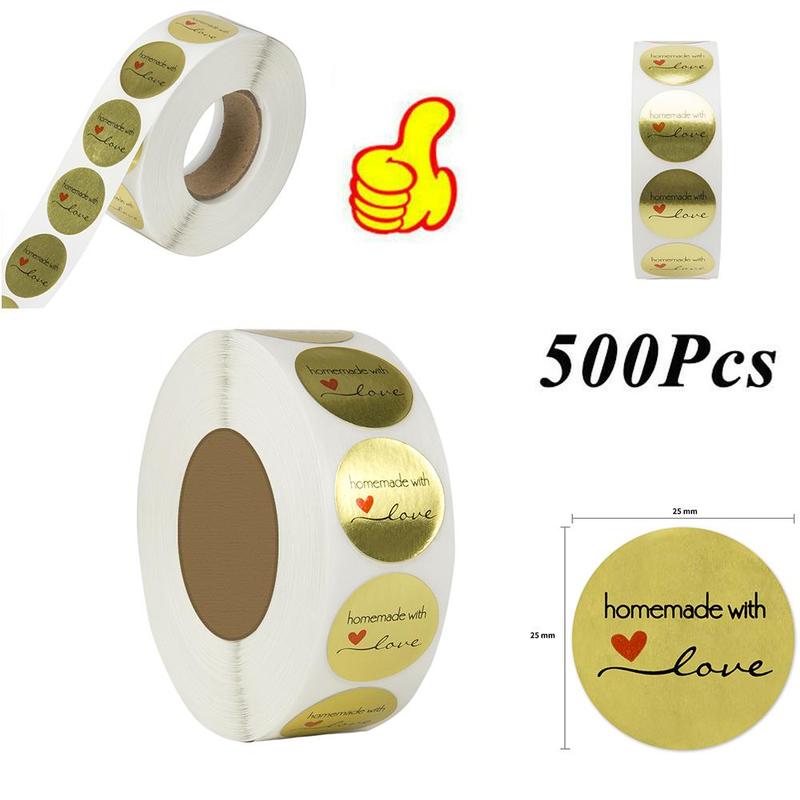 Rollo hecho a mano con corazón de amor, etiqueta de sellado, adhesivo de papel Kraft Natural, pegatinas de de manualidades, 500 Uds. Por rollo