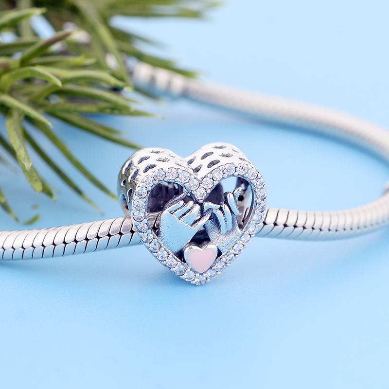 Pulsera con abalorio de plata de ley 925 para mujer, brazalete con de "Te quiero, promesa manos, gesto, corazón rosa, Berloque 2022