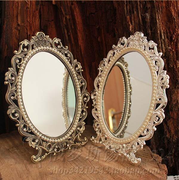 Espejo cosmético de escritorio retro para maquillaje, marco de metal con perlas en relieve floral, Decoración de mesa, bronce plateado, 337A