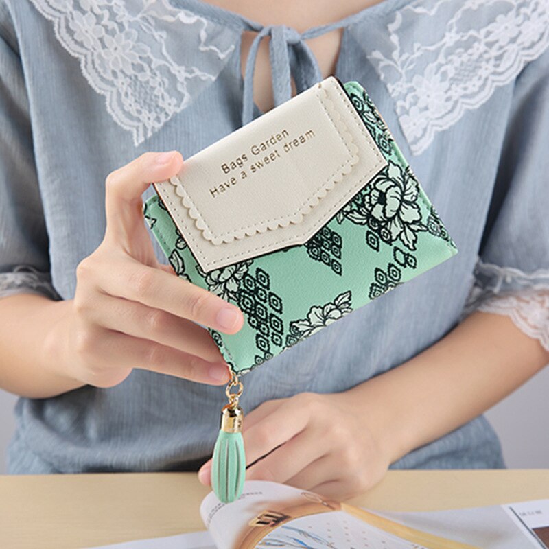 LADY'S Wallet-cartera de piel sintética con borlas estampadas para mujer, bolso de mano, estilo coreano, 2 zhe: Light Green