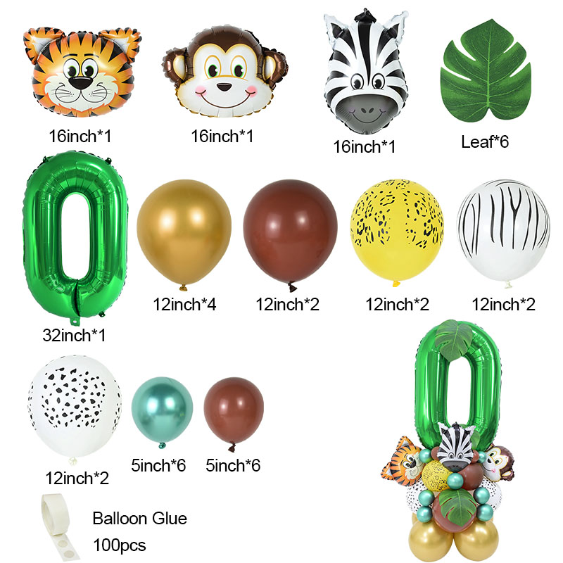 Conjunto de globos con número de animales de Safari para niños, decoración para de cumpleaños de 1 a 9 años, suministros para Baby Shower, 35 piezas: Number0 Set