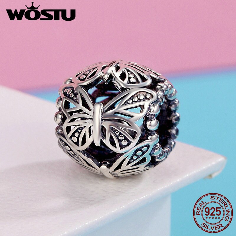 Wostu autêntico 100% 925 prata esterlina empilhável borboleta redonda charme contas caber diy charme estilo pulseira jóias presente cqc491