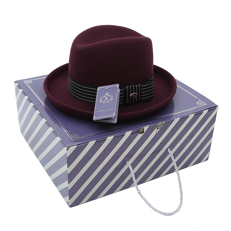 GEMVIE-chapeau Homburg Fedoras pour hommes et femmes, chapeau Gentleman, Style européen rétro, à bord incurvé, couleur unie, en feutre 100% laine: Wine Red