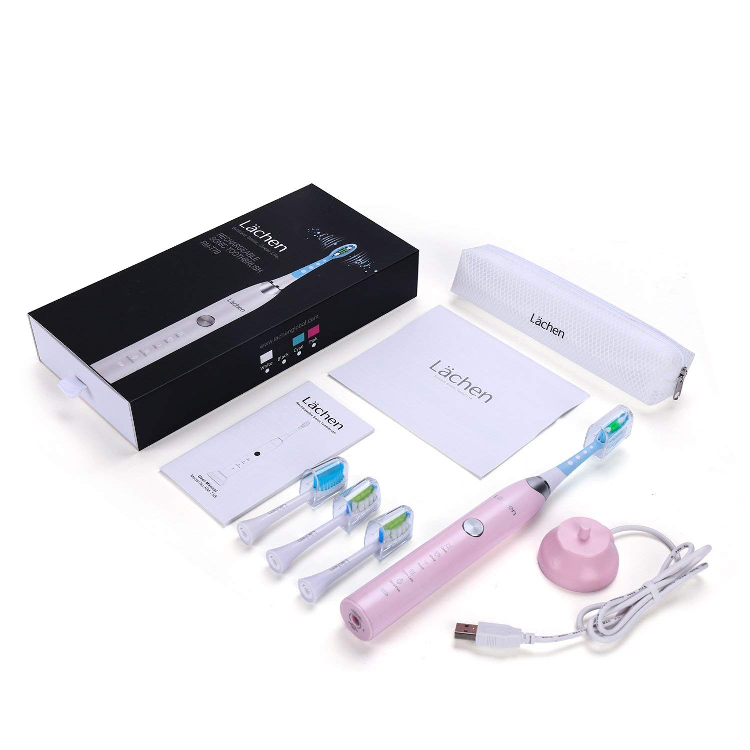 Lachen T7B Sonic Whitening Electric Toothbrush Sonic toothbrush with 4 brush heads and timer 5 modes USB charging: Default Title