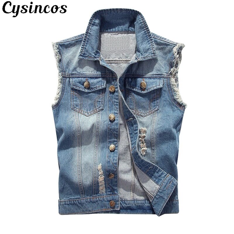 CYSINCOS chaleco vaquero ajustado chaleco vaquero rasgado Chaleco de mezclilla para hombre chaleco sin mangas Casual Chaleco de Jean para hombres 5XL