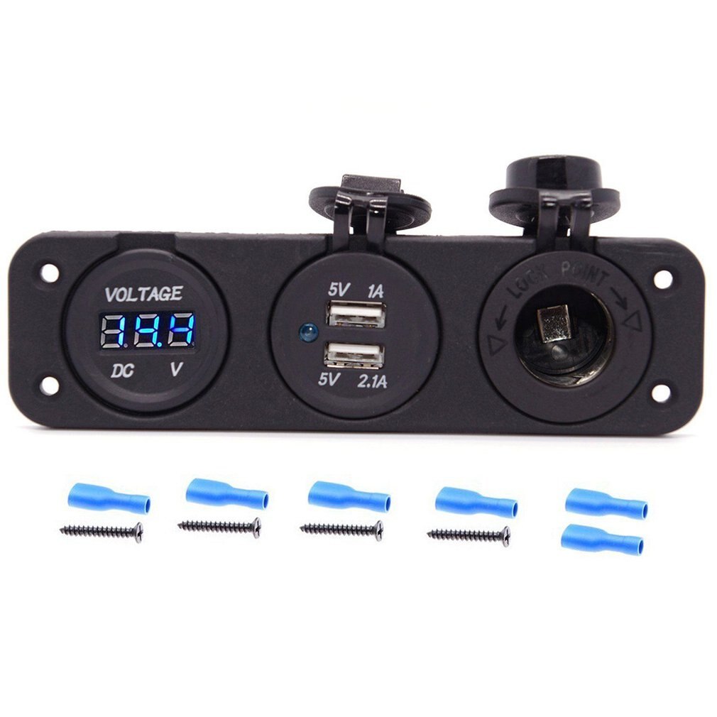 12V Dual USB Charger Socket & LED Voltmeter 3 Hole Panel Outlet Car Boat Marine