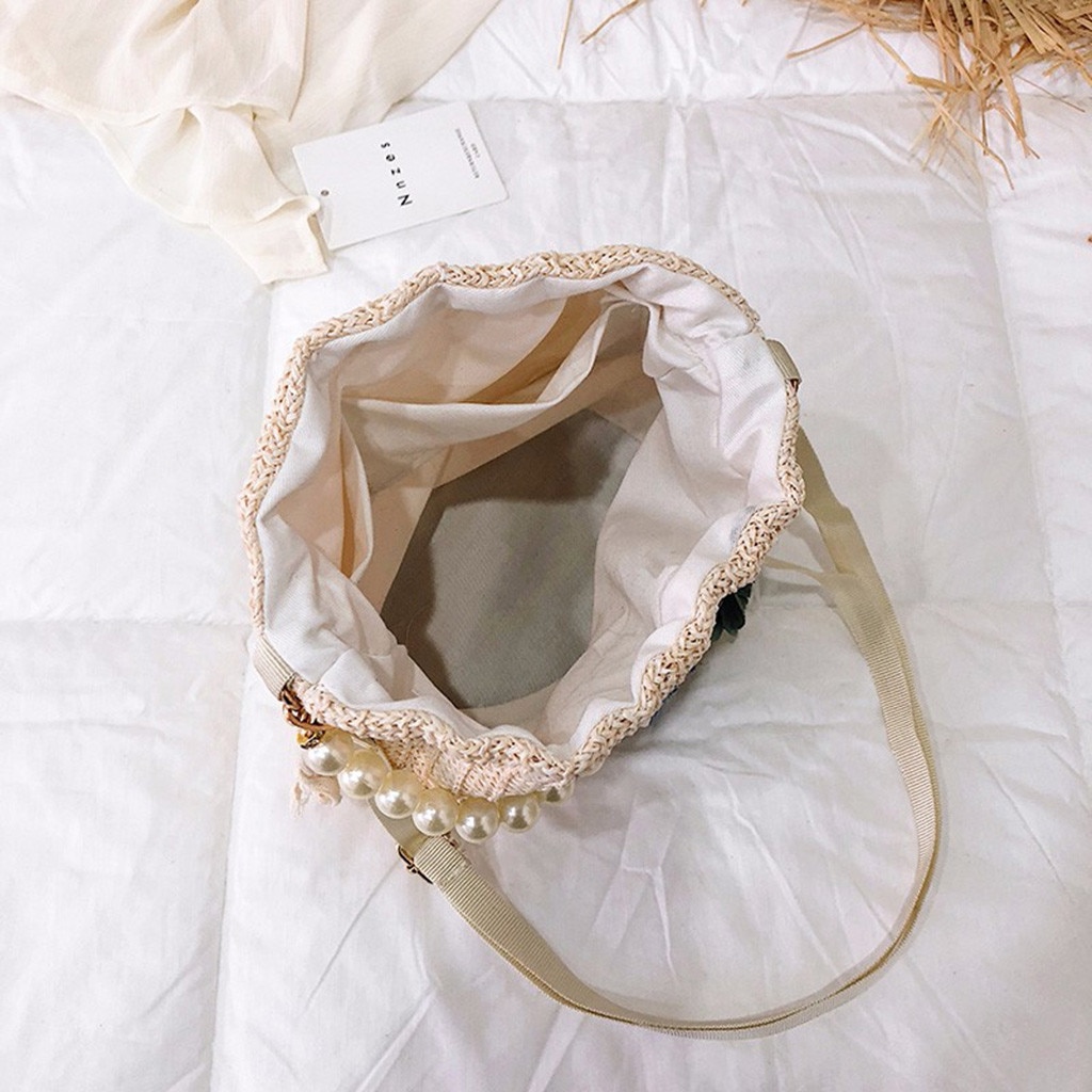 Vrouwen Handtas Zomer Strand Bloem Stro Emmer Tas Jute Flap Tassen Blad Decoratie Schoudertassen Met Kant Сумка Женская # srn