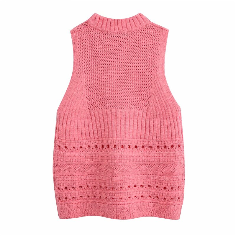 femmes doux rose évider sans manches pull Vintage O cou gilet filles Chic hauts