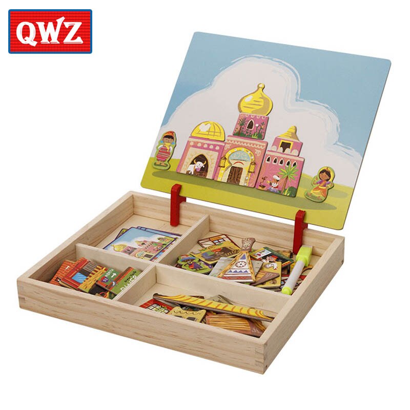 Multifunctional Wooden Magnetic Puzzle Toys Children 3D Puzzle Figure/Animals/ Vehicle /Circus Drawing Board Learning Wood Toys: QWZ070-building-N