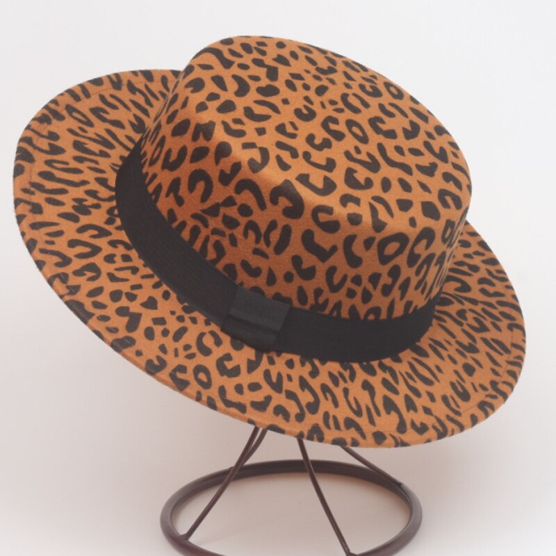 Kvinner menn leopardprint ullfilt båtlue avlet brem flat topp fedora hattemaker retro damer formell fest trilby lokk: kaki