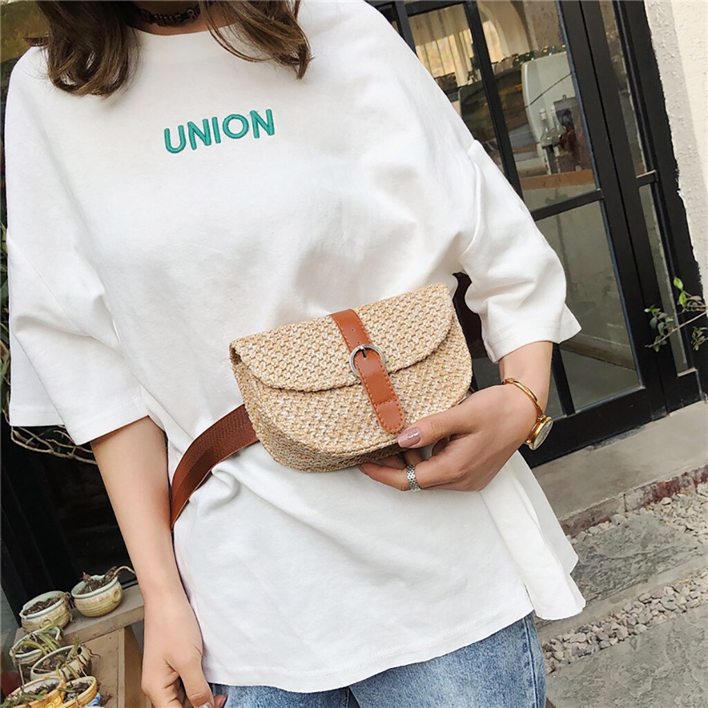 Aelicy Simple Chest Bag Women Straw Adjustable Shoulder Bag Outdoor Mobile Phone Stylish Waist Bag Cover Messenger Bag