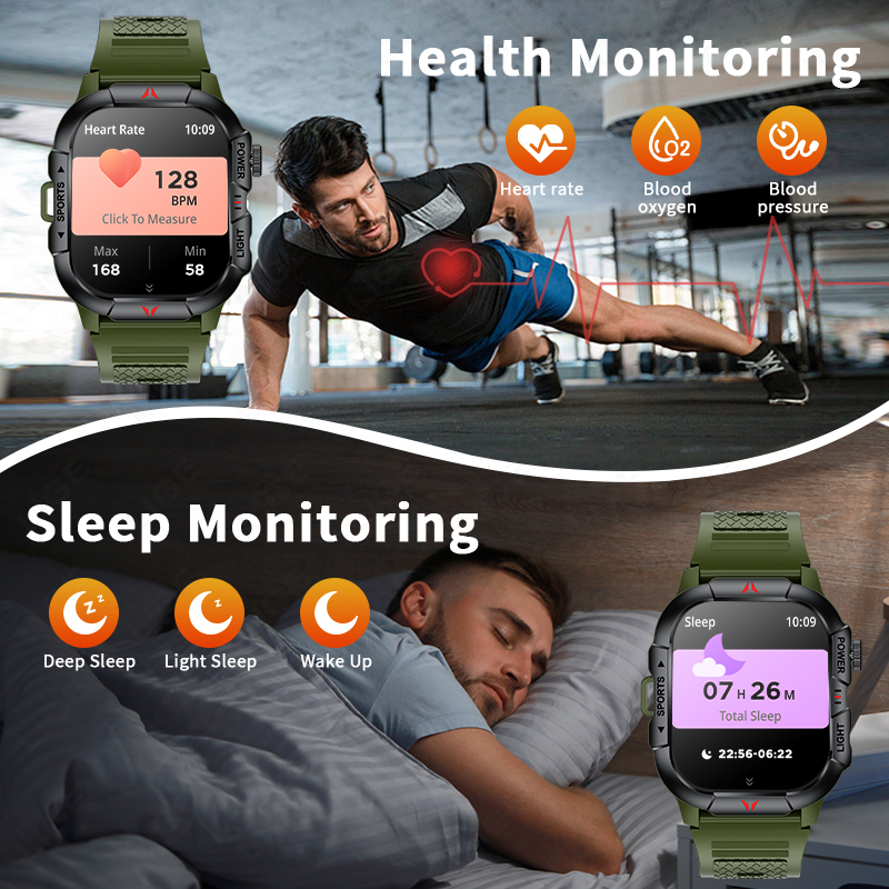 LIGE inteligentny zegarek latarka doprowadziło męskie zegarki wodoodporne 2.01-calowy ekran HD bransoletka zdrowotna wojskowy Smartwatch sportowy na świeżym powietrzu mężczyzna
