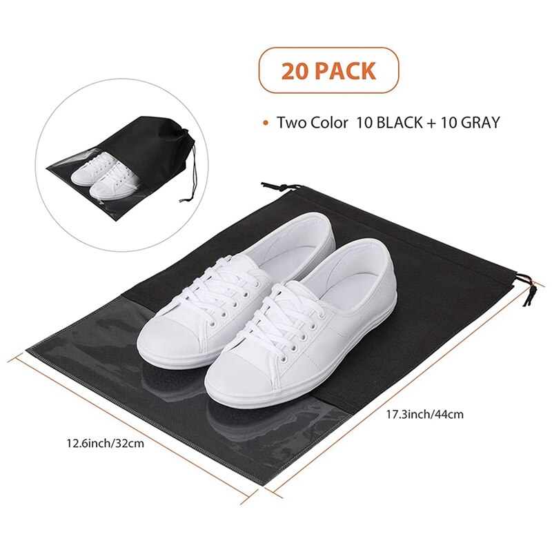 Sacs à chaussures de voyage 20 pièces, grands organisateurs d'emballage de pochettes pour chaussures, stockage de chaussures Non tissées avec corde épaisse noir + gris