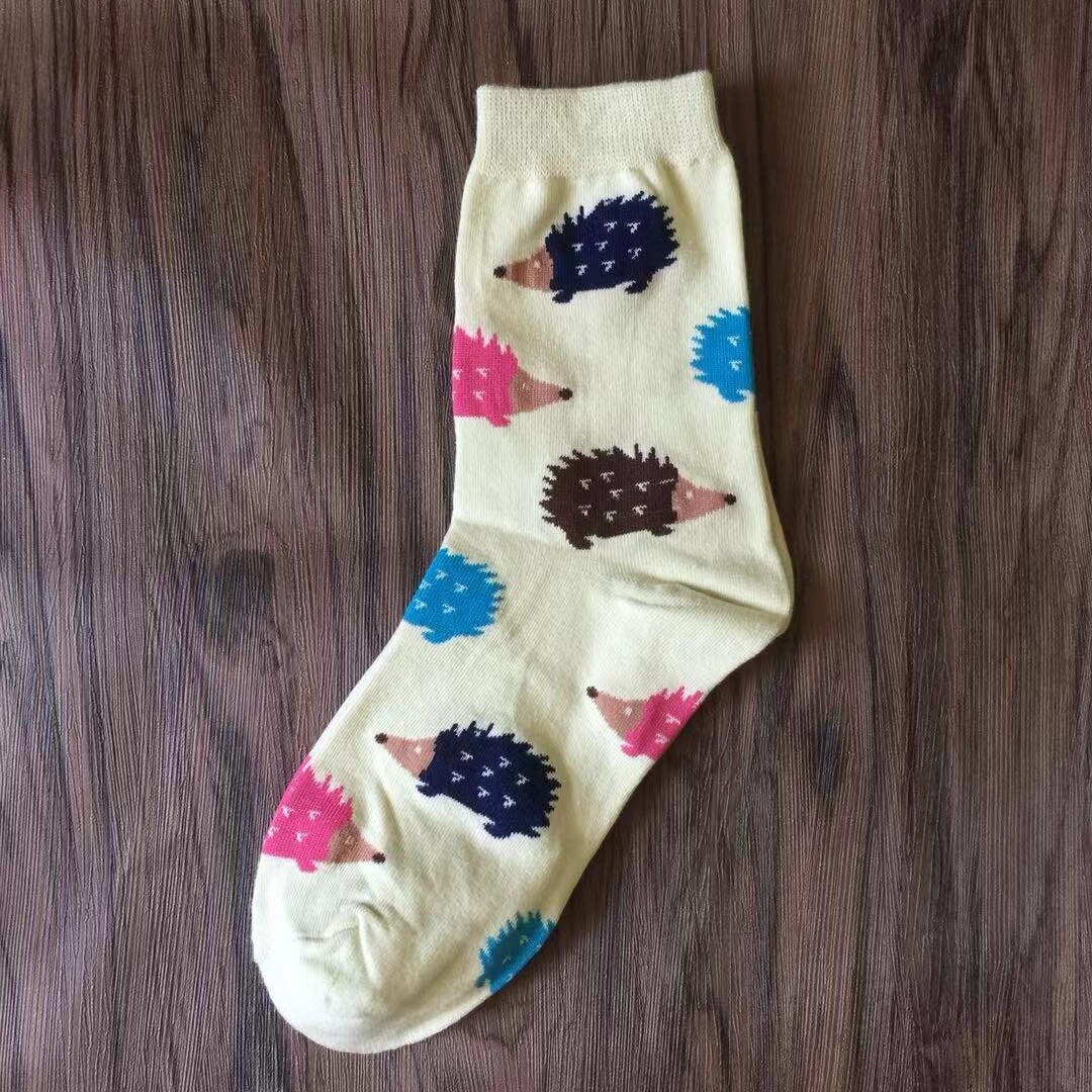 Cartoon Hedgehog Pattern Woman Socks Cotton for Spring Summer Harajuku Style Funny Socks Women 41102: Beige