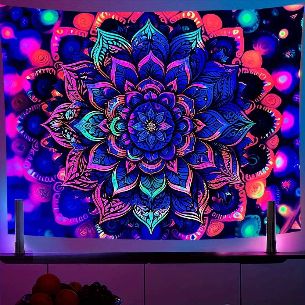 Tapiz de luz negra UV estrellada con Mandala bohemio, decoración de pared fluorescente brillante, adecuado para dormitorio, sala de estar y dormitorio: 1.200 mm x 1.7000 mm / Verde militar