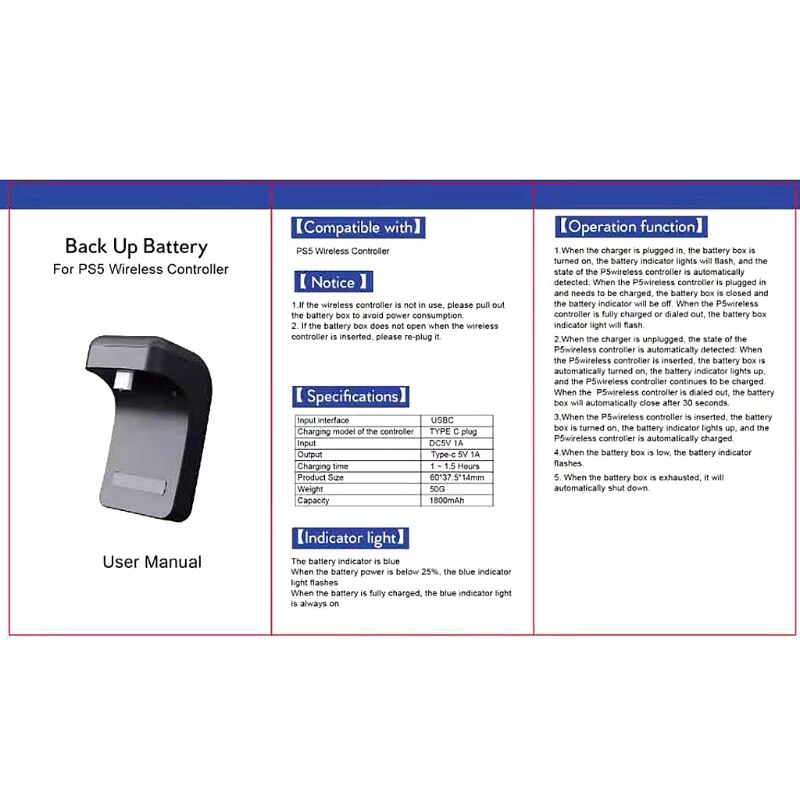 Rechargeable Game Controller Battery Pack For PS5 Gamepad External Back Clip Wireless Power Charging Bag