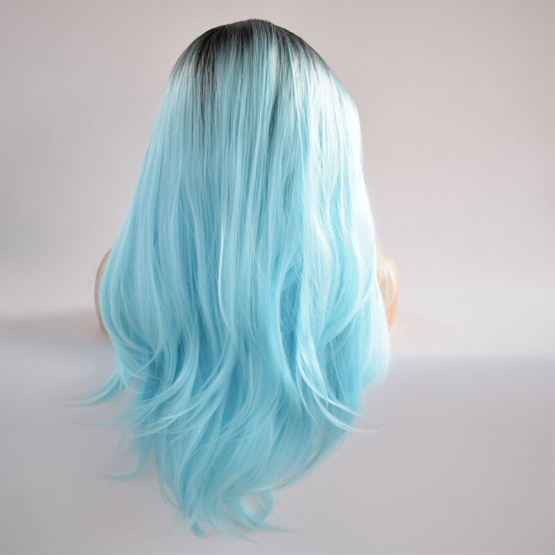 bomba czarny Ombre niebieskie włosy syntetyczne koronkowa peruka na przód jedwabiste proste włókno termoodporne włosy środkowe rozstanie dla kobiet peruki