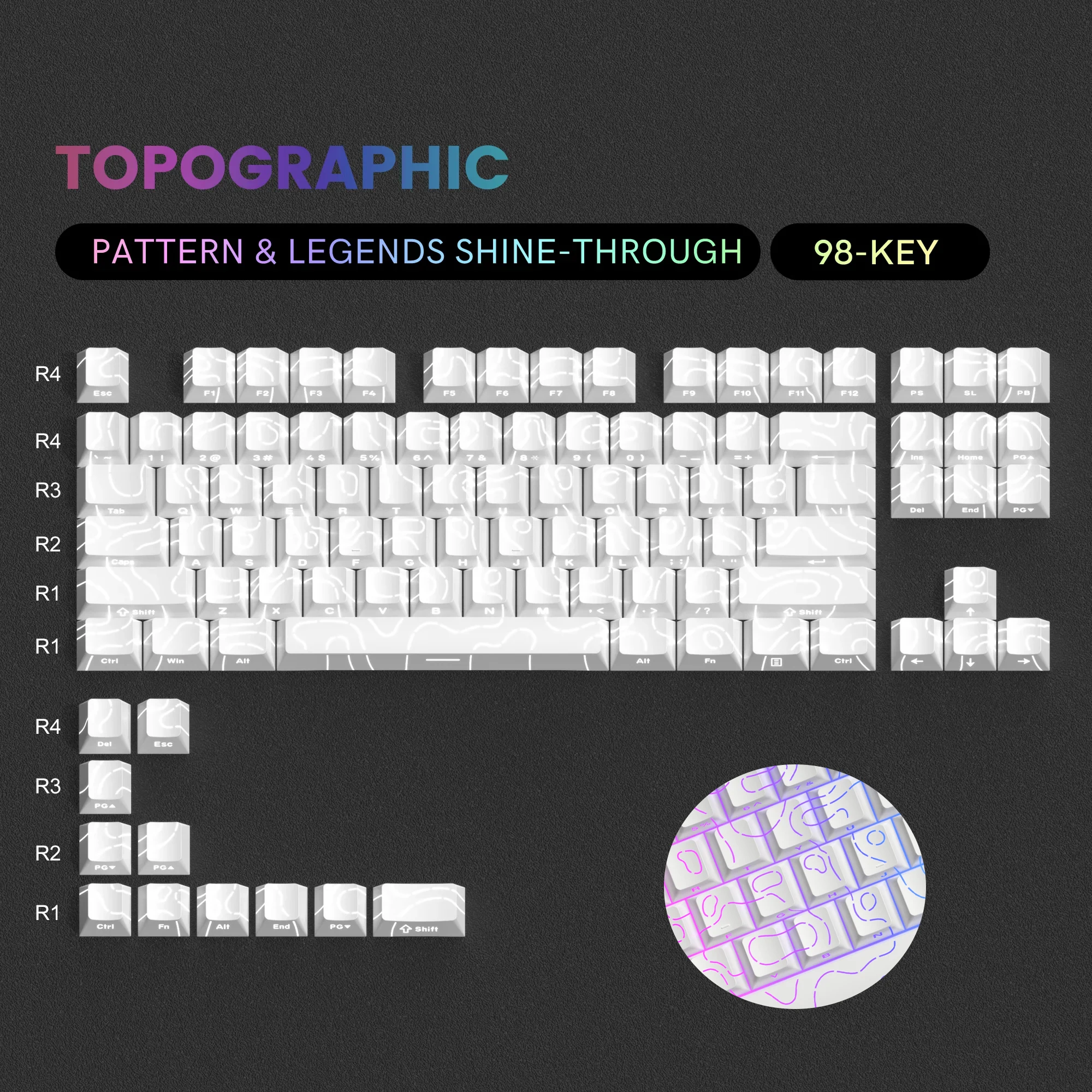 Teclas topográficas blancas de 98 teclas, teclas PBT 4,0, doble disparo, impresión lateral, brillo a través de teclas retroiluminadas para teclado mecánico MX Gamer