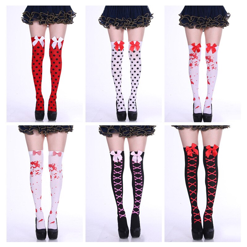 2021Hot Halloween Snoep Kleur Strik Lange Hoge Buis Over-De-Knie Dij Sokken Polka Dot Schedel Persoonlijkheid straat Sexy Night