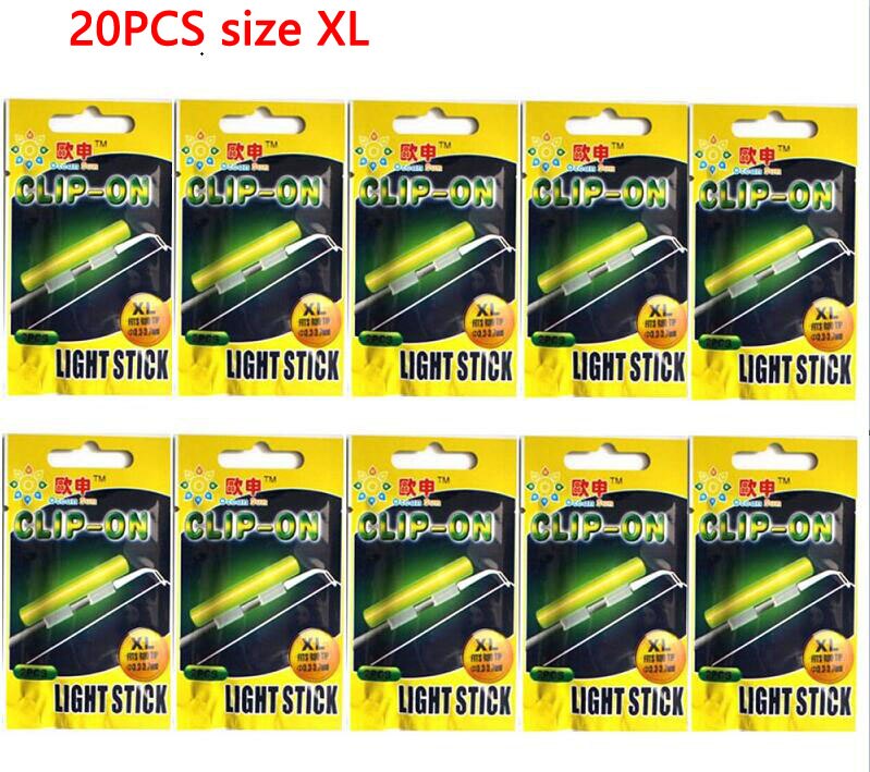 Clip On! 20Pcs(10bags) XL L M Night Fishing Lighting Stick Wand Green chemical glow stick fishing light stick: 20pcs Size XL