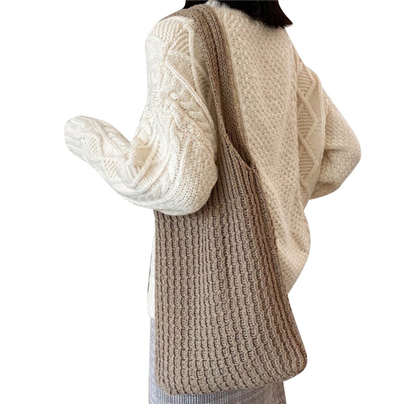 Gebreide wollen schoudertas voor dames, vintage katoenen tas voor meisjes, grote dameshandtas: Khaki