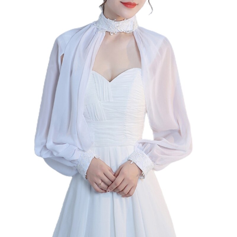 Châle à manches longues pour femmes, col licou, mousseline de soie, boléro, fente latérale: WHITE