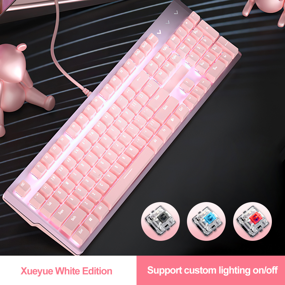 Cute Pink Gaming Mechanical keyboard Wired computer Keyboard 104key USB Interface White Backlight Suitable for Gamers PC Laptops