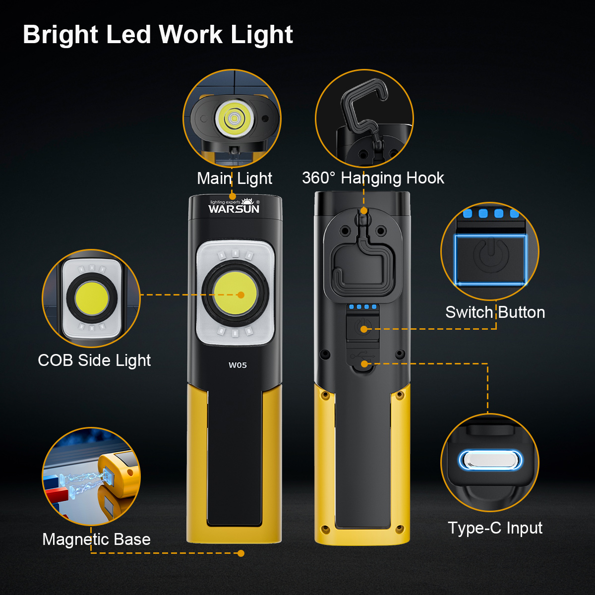 WARSUN LED Work Light , Rechargeable Work Light with Magnetic Base, Portable Flashlight with Clip, Hook and 180° Rotation Stand