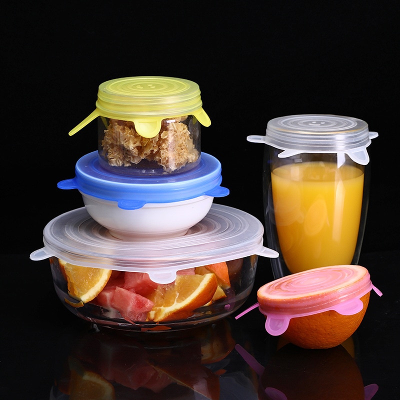 6pcs Fruit Food Saran Wrap Stretch Vacuum Silicon Cover Kitchen Storage Reusable Organization Keep Fresh Seal Lid Bowl Container