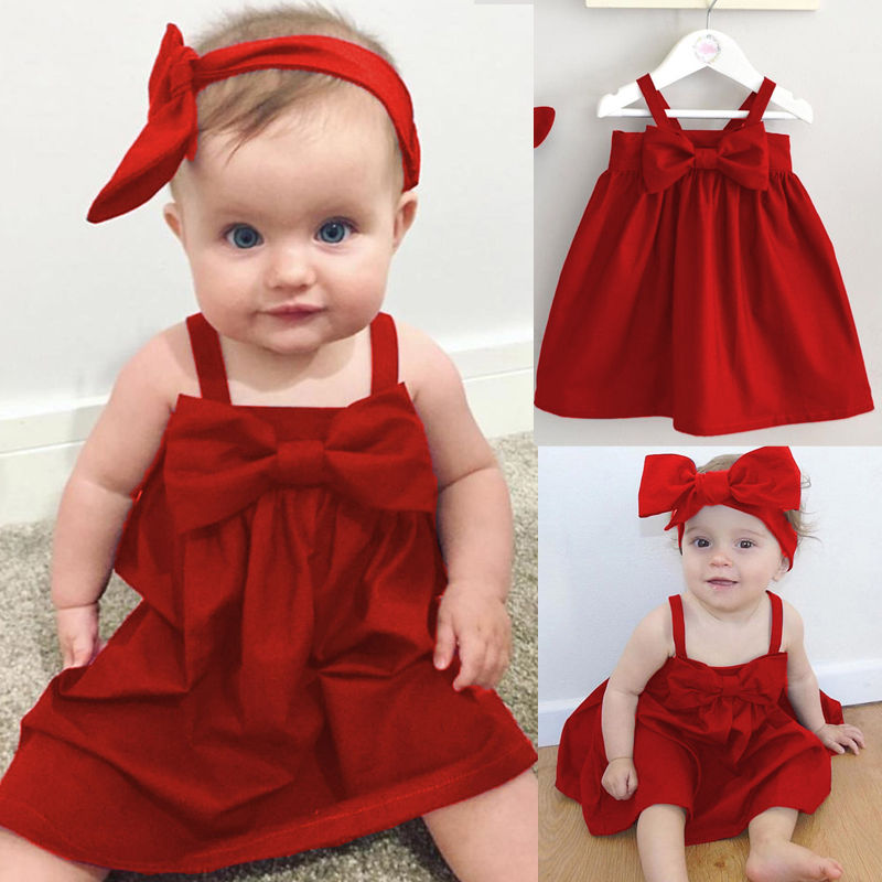 Søde babypiger sommer sundress bowknot kort mini vest kjole toddler børn bomuld afslappet kjoler ærmeløs tøj rød & gul: Rød / 12m
