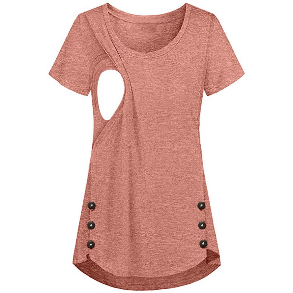 Ropa para embarazadas mujeres Color sólido botón lactancia ropa mujer embarazada camisa maternidad tops # guahao: Pink  / L
